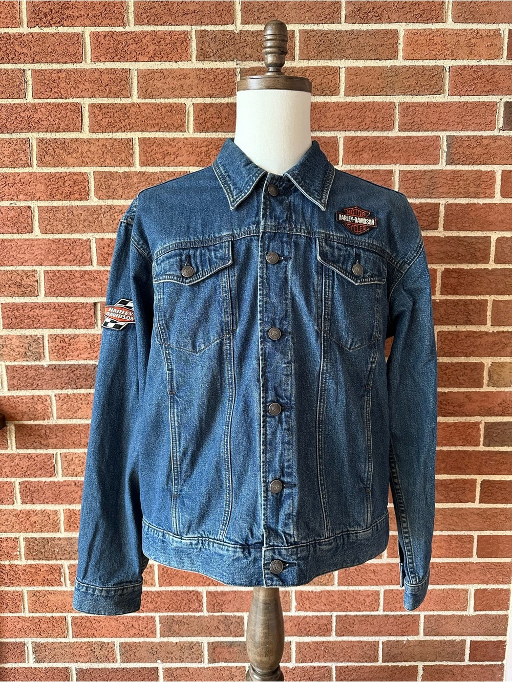Vintage Harley Davidson Denim Jacket Mens Eagle Checkered Flag Back Patch, M
